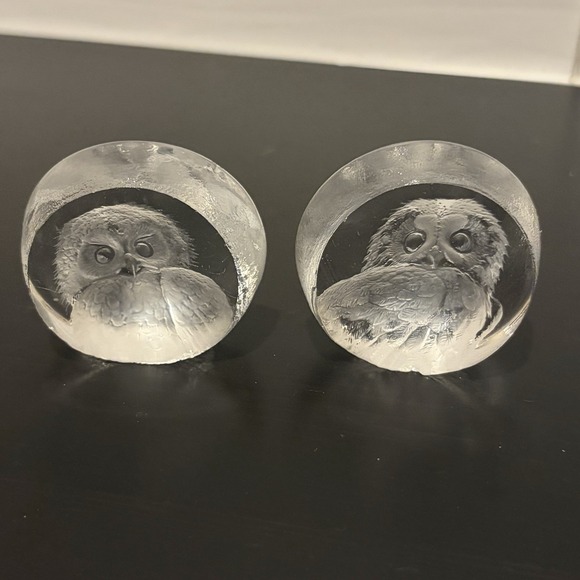 Mats Jonasson Other - Two Signed Mats Jonasson Full Lead Crystal Owl Paperweights Sweden Home Decor
